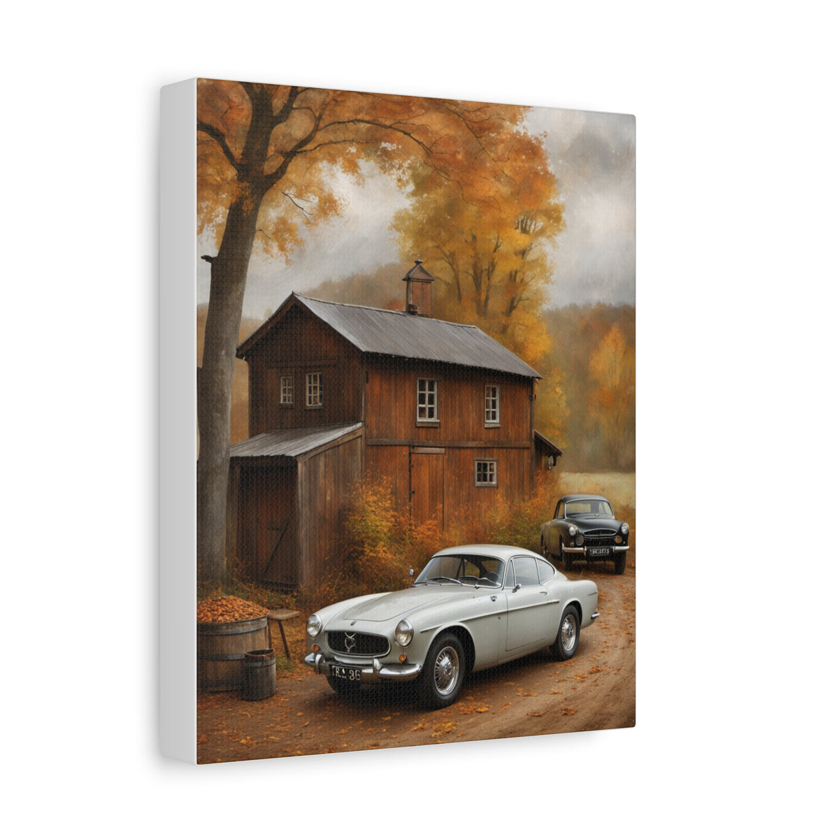 1966 Volvo P1800 Canvas Wall Art Vintage Pearl White Coupe Painting Rustic Barn Autumn Countryside Stretched Canvas Print for Living Room Office Decor
