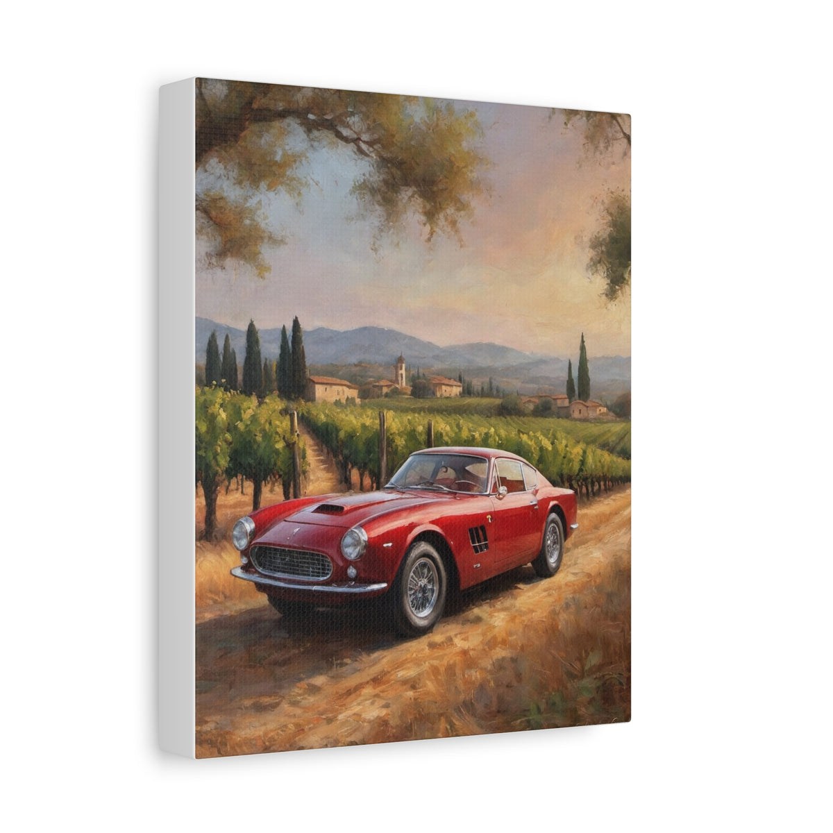 1963 Ferrari 250 GT Berlinetta Lusso Canvas Wall Art Vintage Red Italian Sports Car Painting Tuscan Vineyard Sunset Stretched Canvas Print for Living Room Office Decor