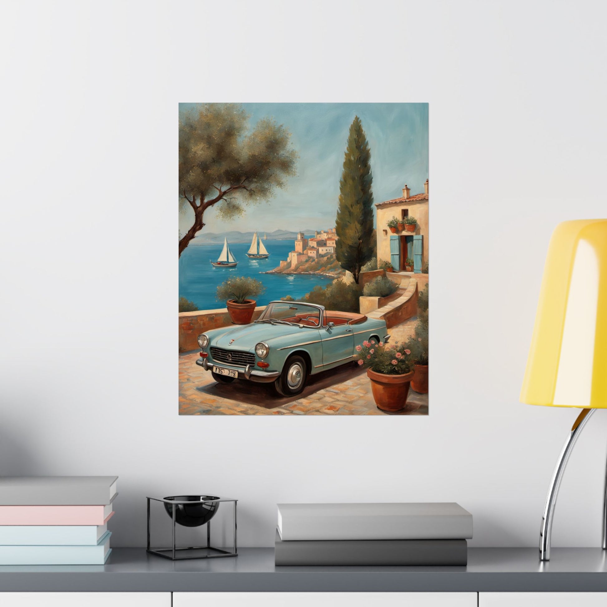 Scenic Vintage Car Art Matte Vertical Posters, Vintage Car Art, Mediterranean Vibes, Home Decor, Wall Art for Travel Lovers Printify