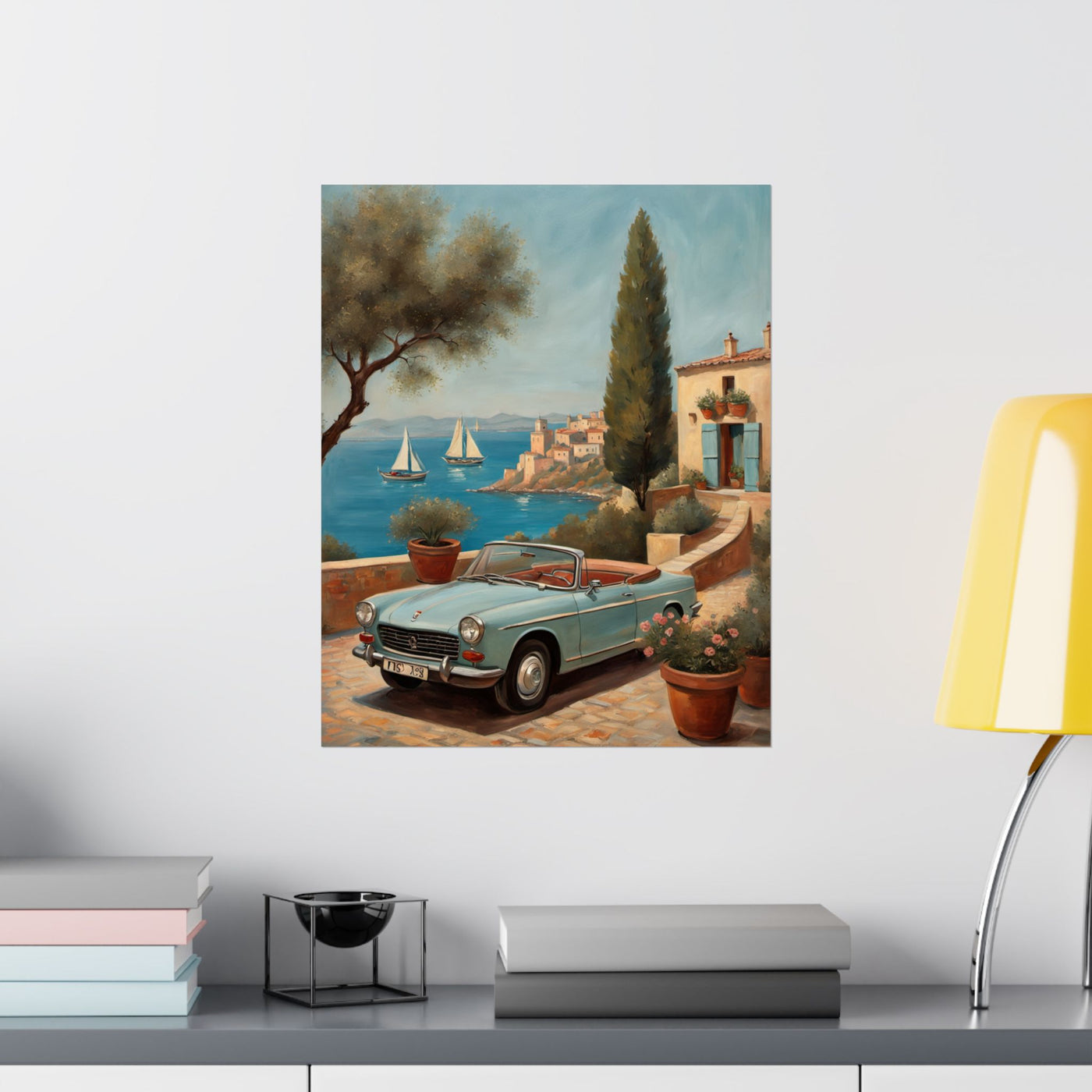 Scenic Vintage Car Art Matte Vertical Posters, Vintage Car Art, Mediterranean Vibes, Home Decor, Wall Art for Travel Lovers Printify