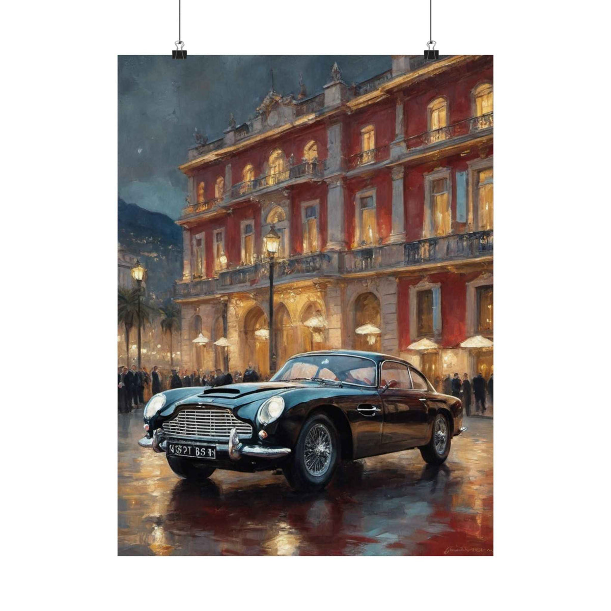 Vintage Sports Car Poster — Classic Aston Martin Street Scene Matte Vertical Print