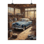 Vintage Blue Car Garage Poster — Matte Vertical Automotive Wall Art