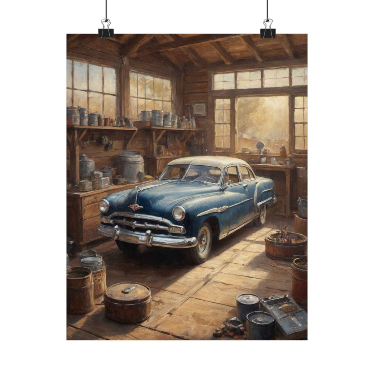 Vintage Blue Car Garage Poster — Matte Vertical Automotive Wall Art