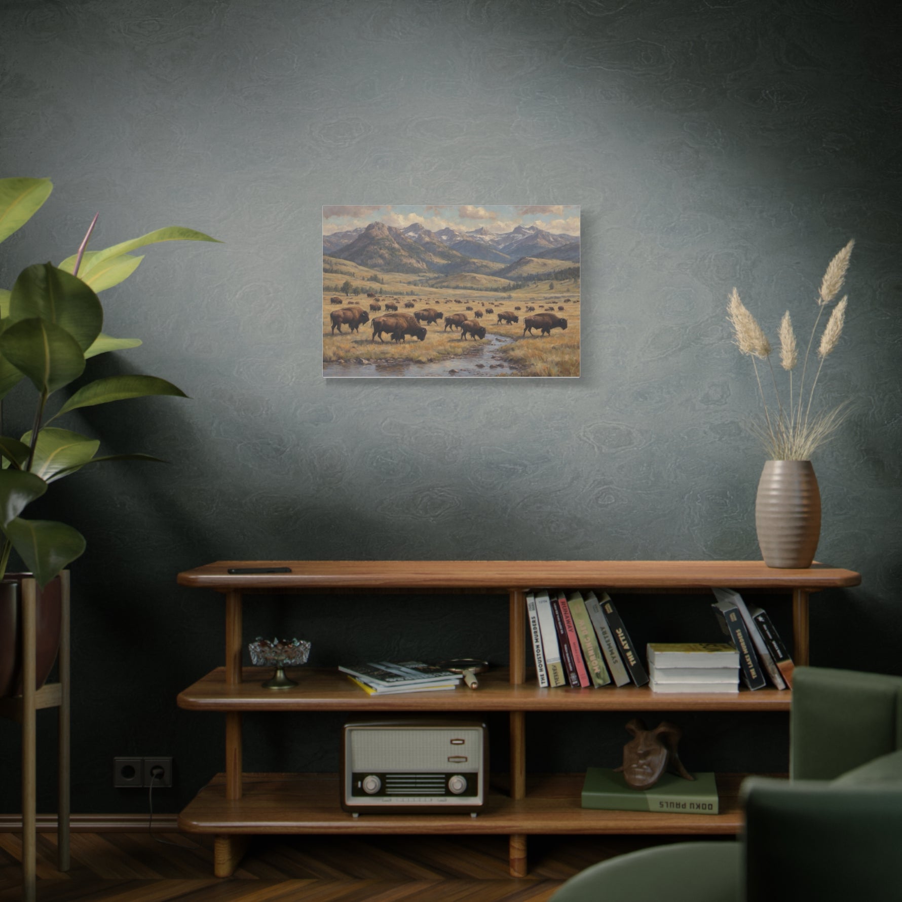 Bison Herd Yellowstone Canvas Print — Western Mountain Landscape Matte Stretched Wall Art - AquilVision