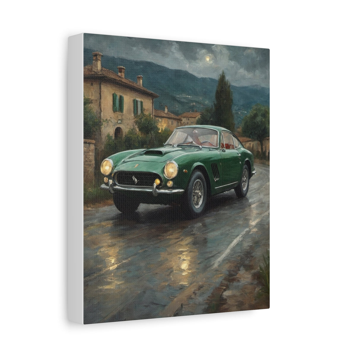 1963 Ferrari 250 GT Berlinetta Lusso Canvas Wall Art Vintage Green Italian Sports Car Night Painting Moonlit Country Road Stretched Canvas Print for Living Room Office Decor