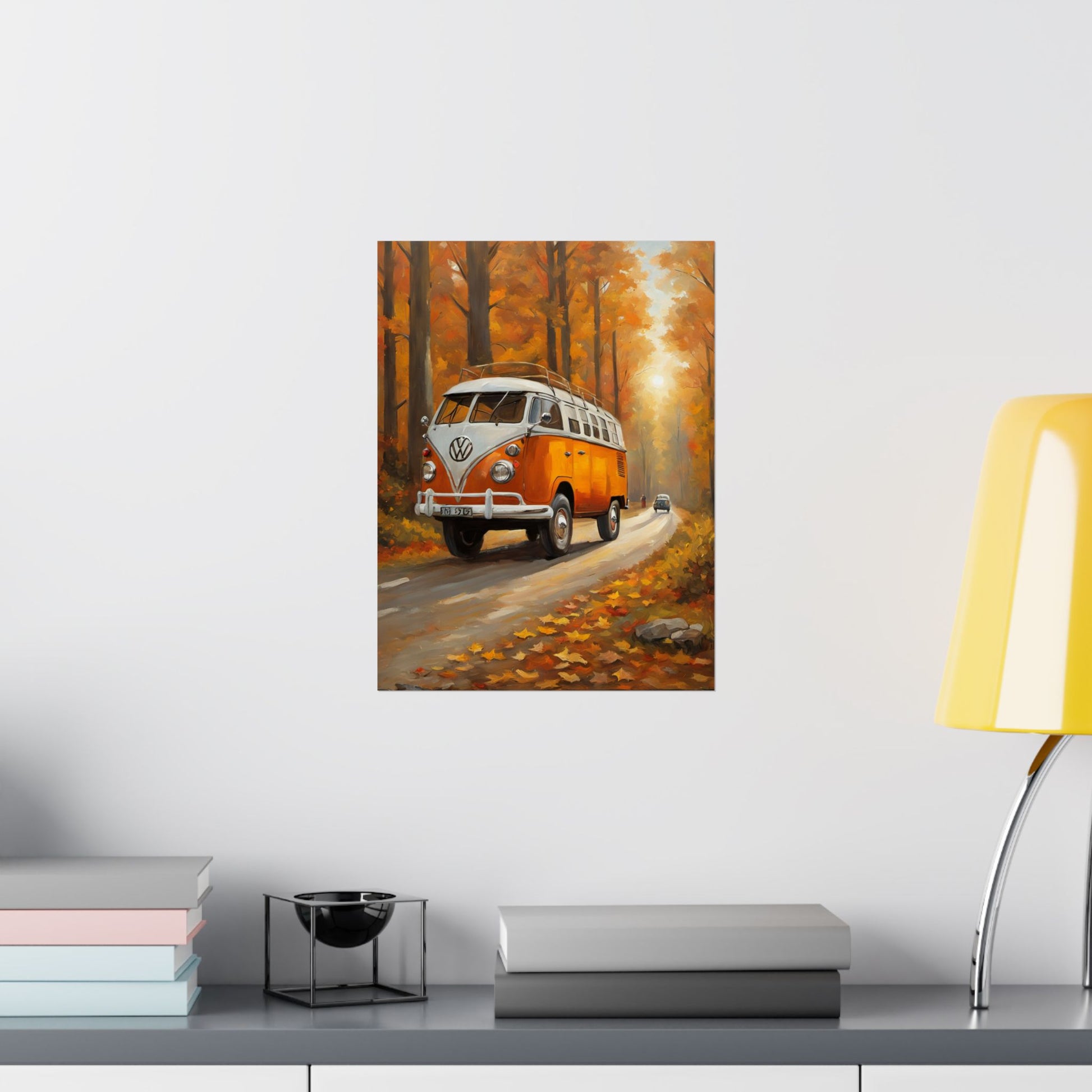 Fall Adventure Matte Vertical Posters, Vintage VW Bus Art, Autumn Decor, Scenic Wall Art, Road Trip Print, Cozy Home Aesthetic - AquilVision