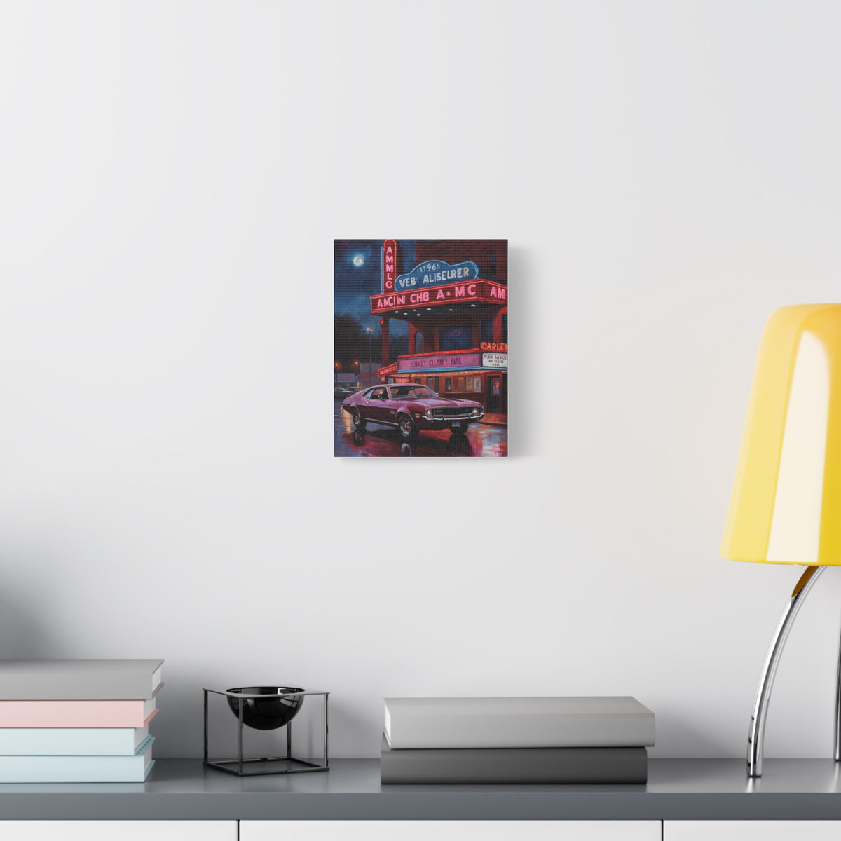 1968 AMC Javelin Canvas Wall Art Vintage Burgundy Muscle Car Painting Retro Cinema Neon Night Stretched Canvas Print for Living Room Office Decor