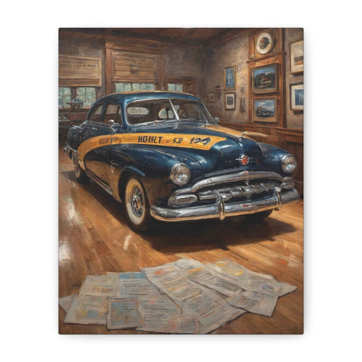 Vintage Police Cruiser Canvas Print – 1950s Patrol Car Wall Art (Matte Stretched)