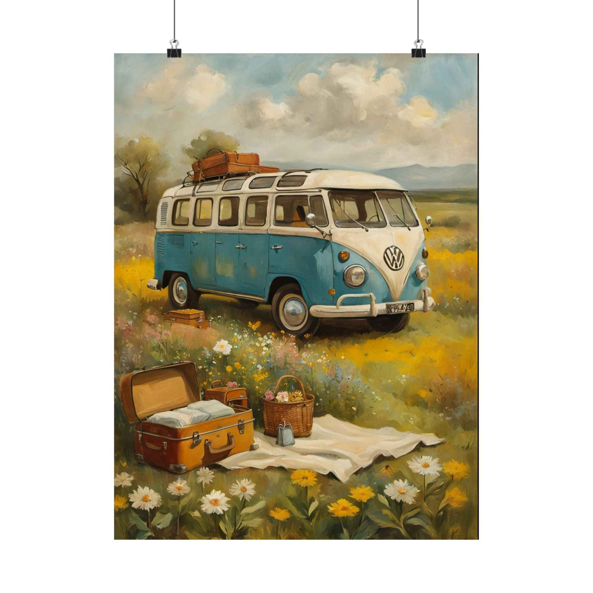 Vintage VW Camper Poster — Retro Roadtrip Wall Art