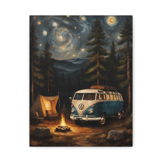 Starry Night Vintage VW Canvas Print: Bohemian Home Decor, Adventure Wall Art, Camping Gift, Nature Lovers, Cozy Vibes