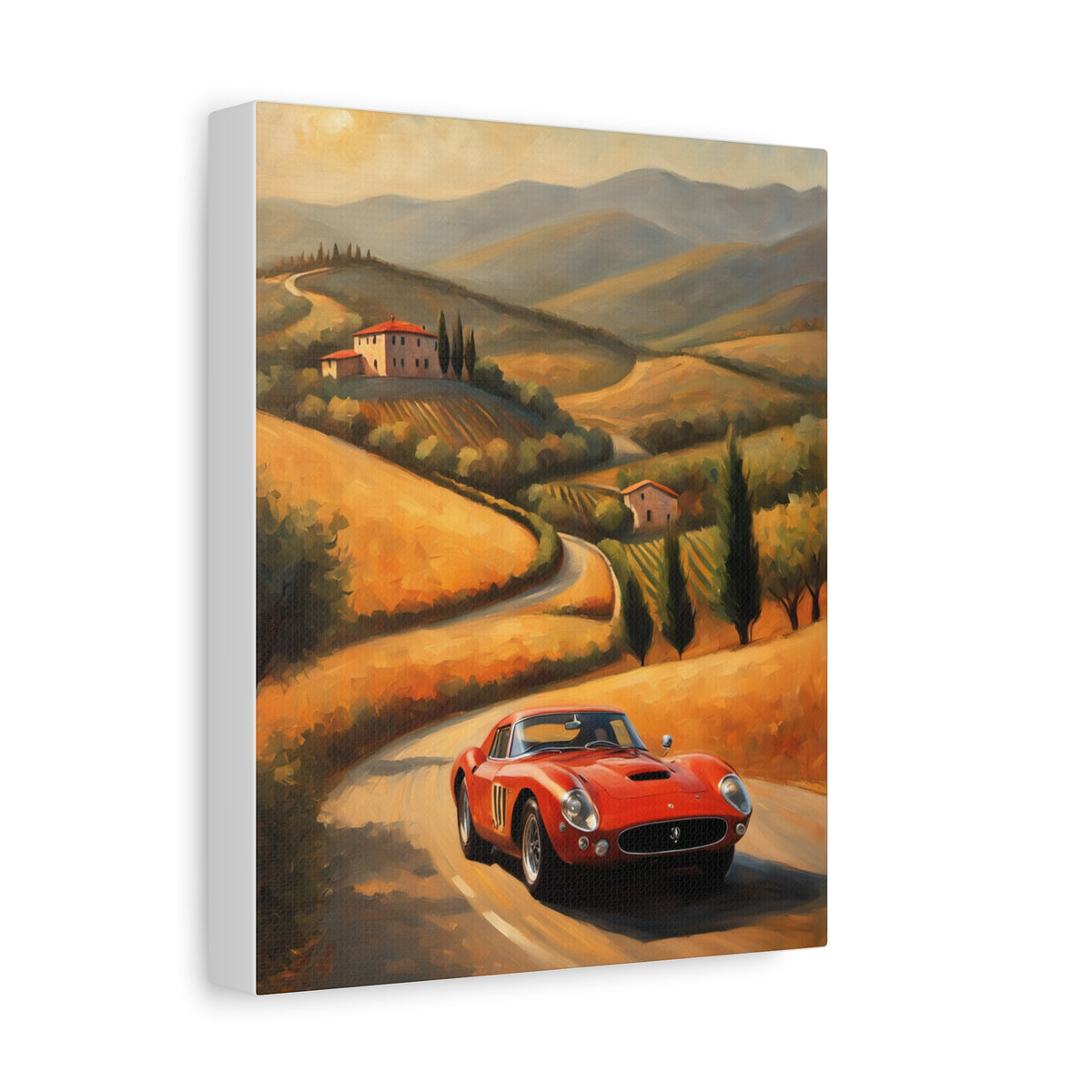 1962 Ferrari 250 GTO Canvas Wall Art Vintage Tuscan Hills Sunset Painting Classic Sports Car Stretched Canvas Print for Living Room Office Decor