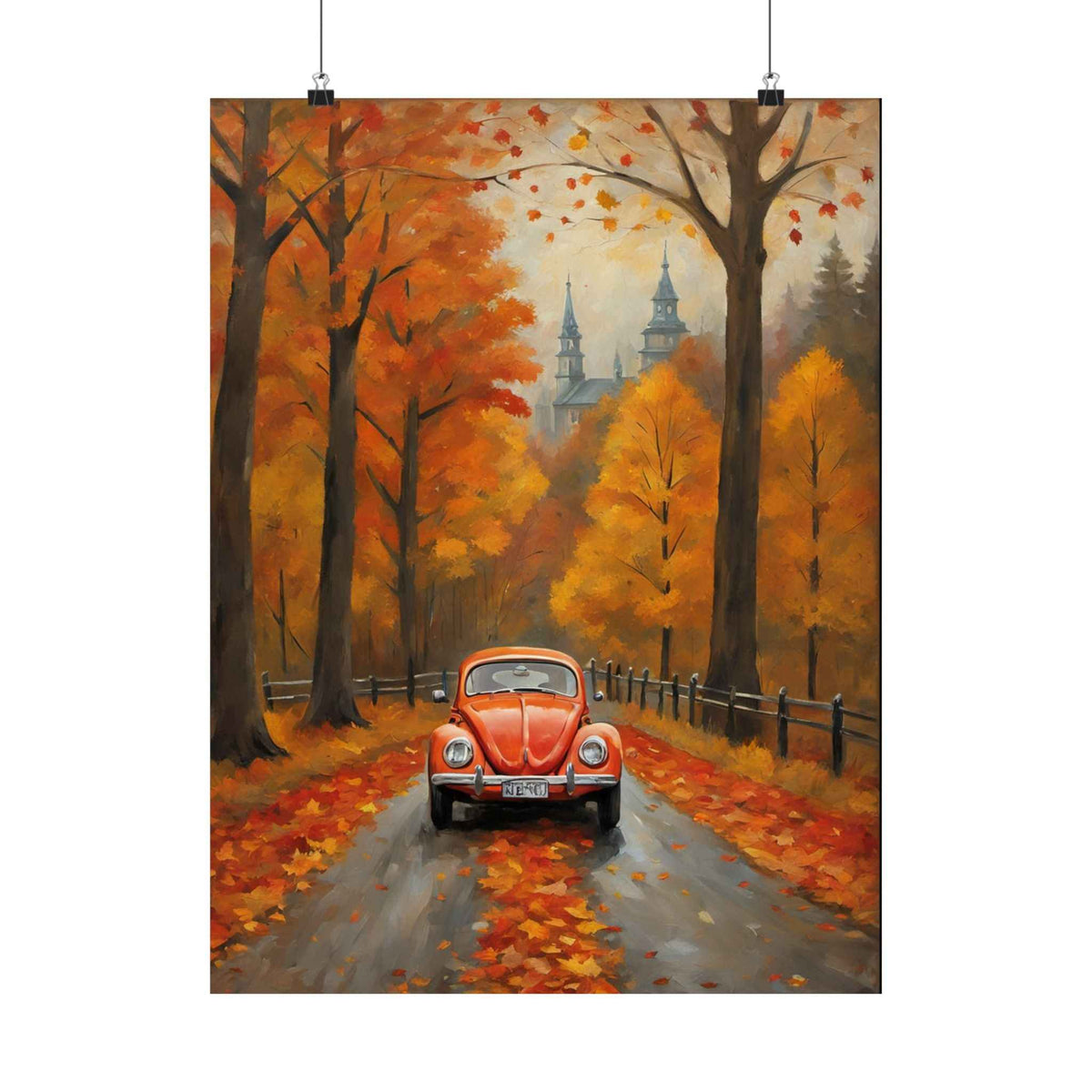 Autumn Drive Poster — Vintage Beetle Fall Road Wall Art