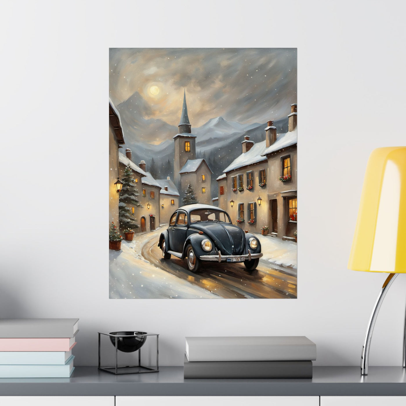 Vintage Winter Village Car Poster Printify