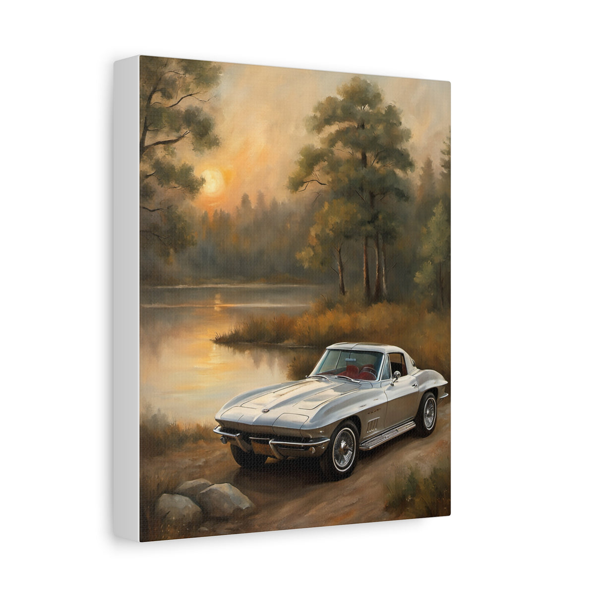 1963 Chevrolet Corvette C2 Stingray Split Window Canvas Wall Art Vintage Silver Muscle Car Painting Forest Lake Sunset Stretched Canvas Print for Living Room Office Decor