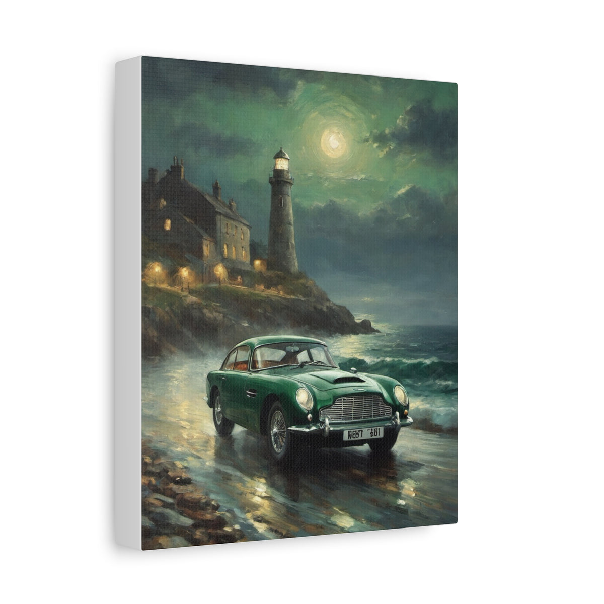1964 Aston Martin DB5 Canvas Wall Art Vintage British Racing Green Sports Car Painting Coastal Lighthouse Moonlit Night Stretched Canvas Print for Living Room Office Decor
