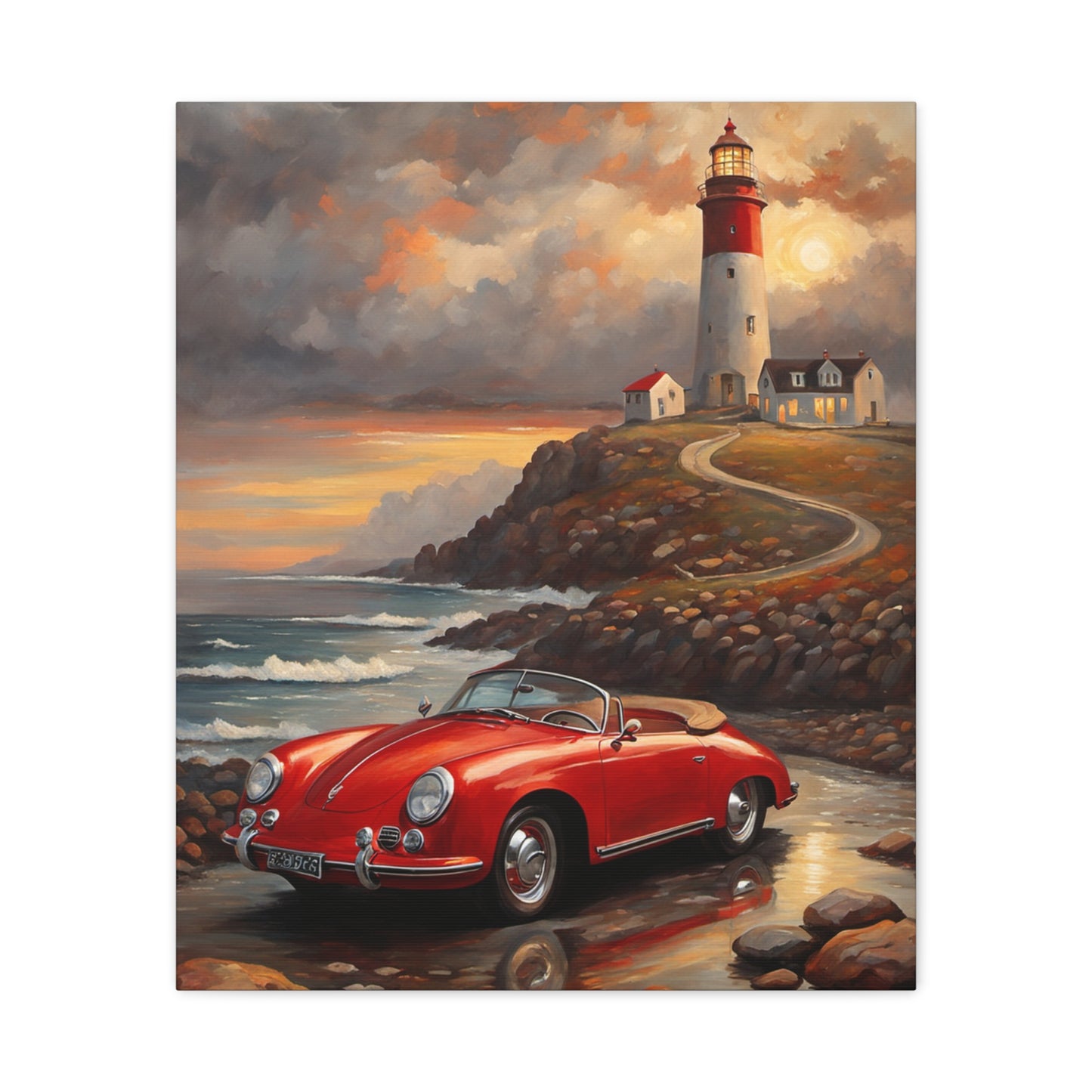 Scenic Canvas Wall Art, Vintage Car, Lighthouse Decor, Nautical Home Design, Coastal Art, Gift for Car Lovers