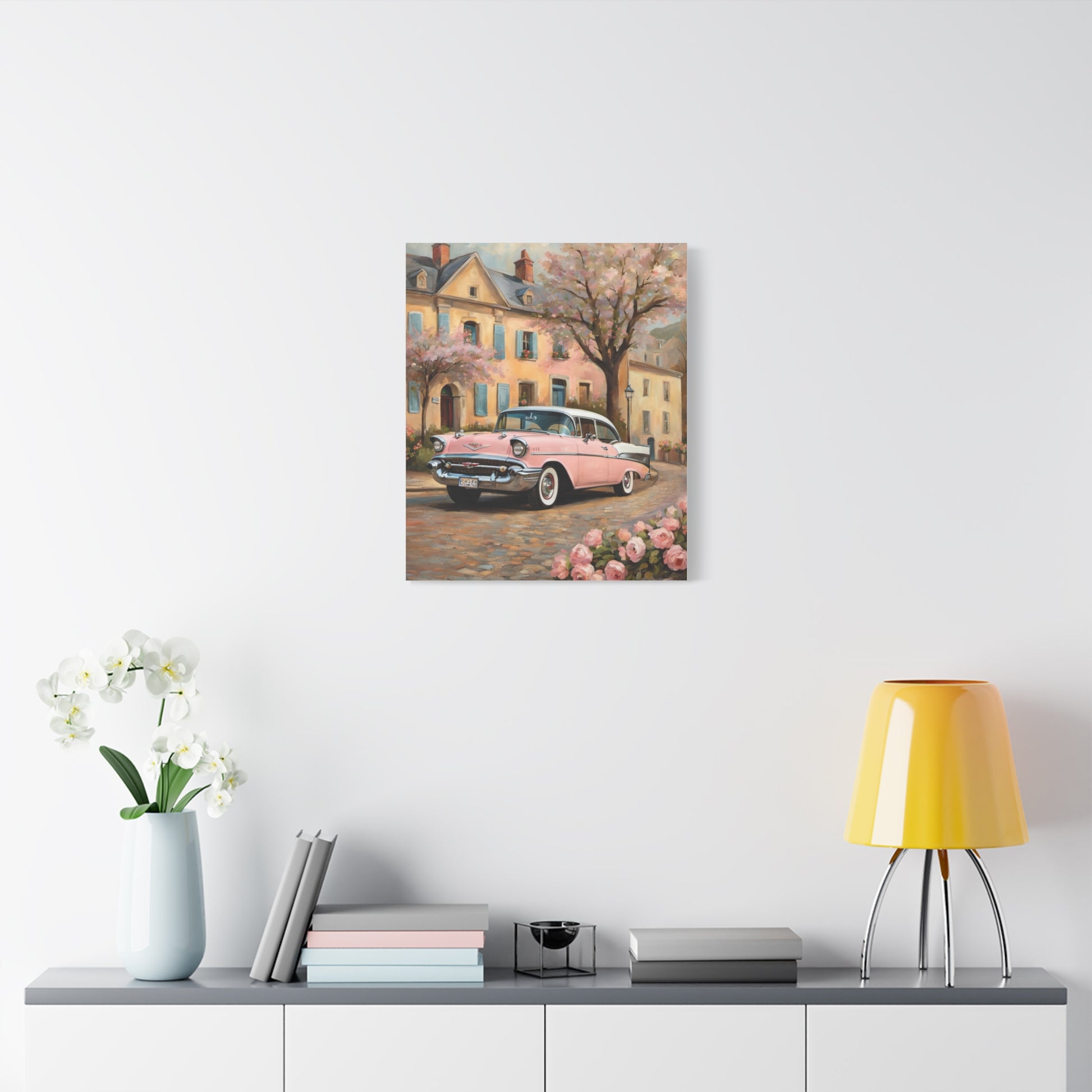 Vintage Car Canvas Print, Home Decor, Wall Art, Gift for Car Lovers, Retro Art, Floral Design, Pink Cadillac - AquilVision