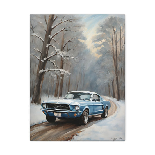 Blue Mustang Winter Scene Canvas Print, Vintage Car Art, Rustic Home Decor, Perfect Gift for Car Lovers, Wall Art for Auto Enthusiasts