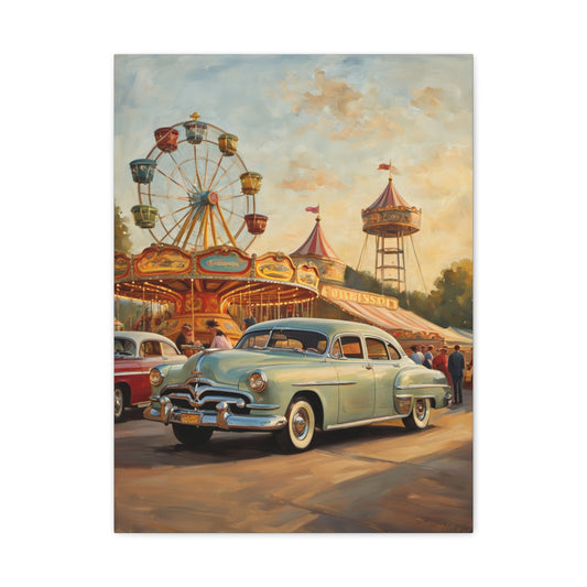 Vintage Carnival Art Canvas Print | Nostalgic Car Decor, 1950s Wall Art, Retro Home Decor, Fairground Artwork, Gift for Car Lovers
