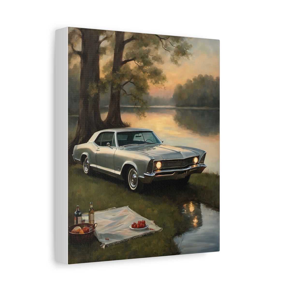 1965 Buick Riviera Canvas Wall Art Vintage Pearl Silver Classic Coupe Painting Sunset Lake Picnic Landscape Stretched Canvas Print for Living Room Office Decor