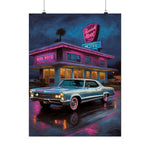 Retro Neon Motel Poster — Vintage Car Matte Vertical Wall Art