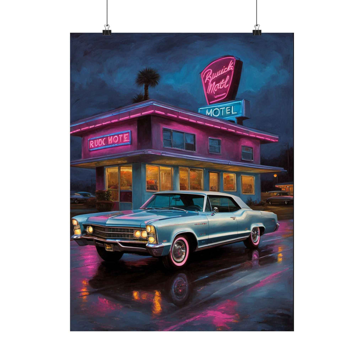Retro Neon Motel Poster — Vintage Car Matte Vertical Wall Art