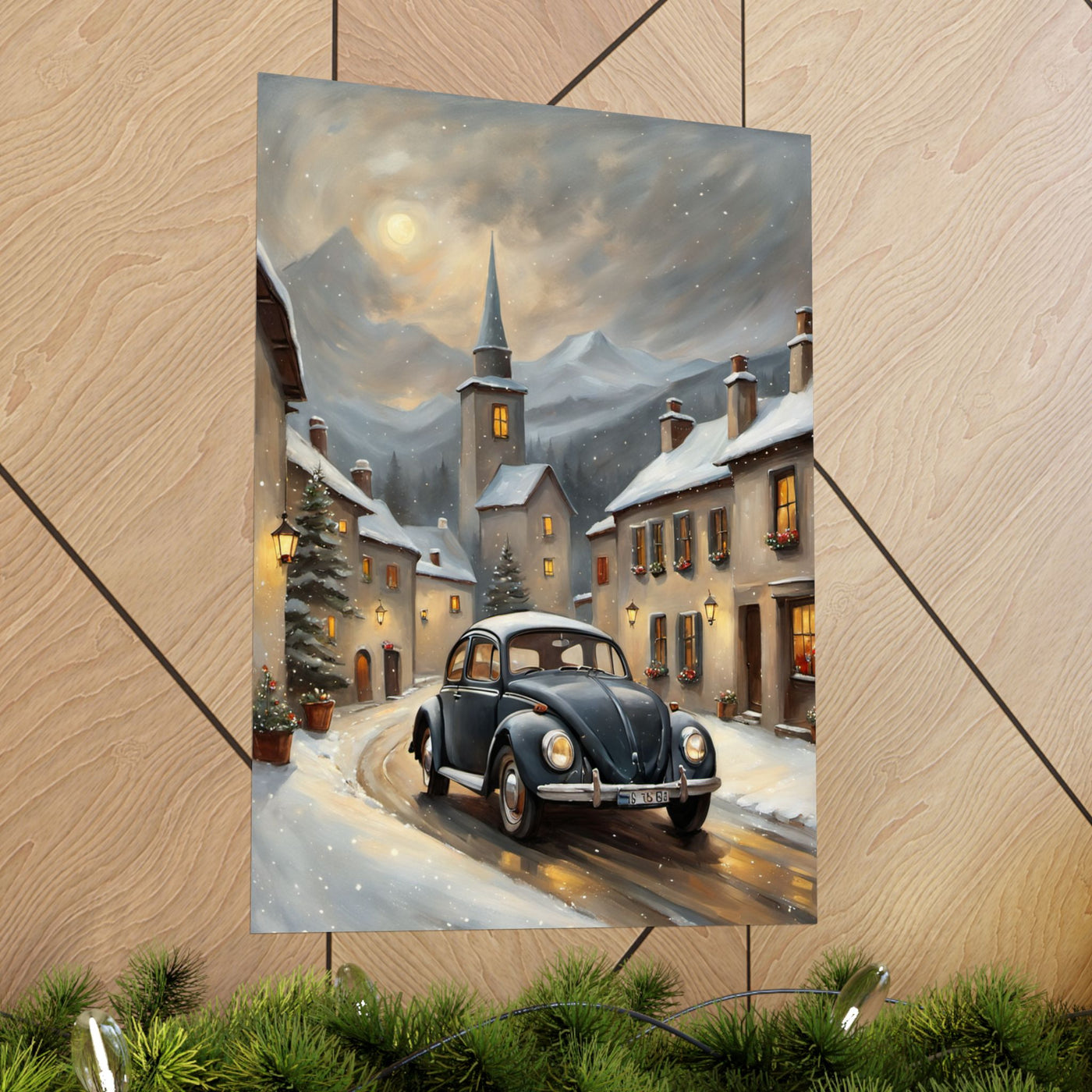 Vintage Winter Village Car Poster Printify
