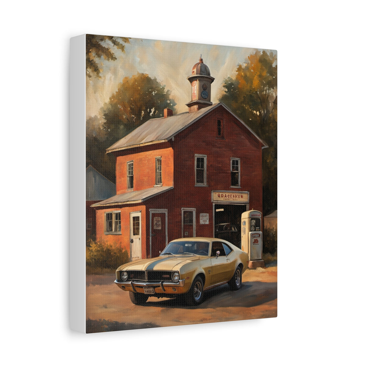1968 AMC Javelin Canvas Wall Art Vintage Champagne Gold Muscle Car Painting Country Garage Retro Gas Pump Stretched Canvas Print for Living Room Office Decor