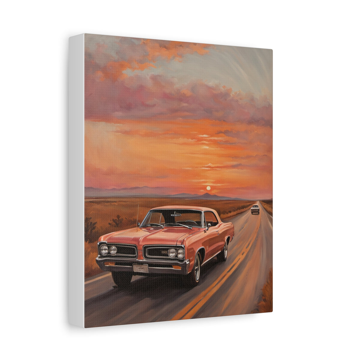 1964 Pontiac GTO Canvas Wall Art Vintage Coral Pink Muscle Car Painting Desert Highway Sunset Stretched Canvas Print for Living Room Office Decor