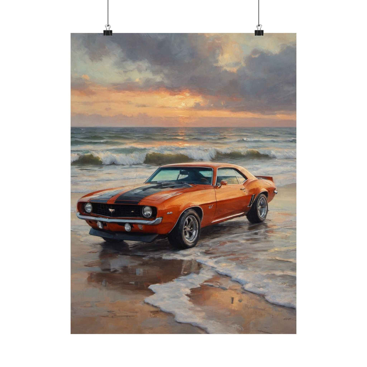 Classic Muscle Car Poster - Orange Camaro Beach Sunset Matte Vertical Print
