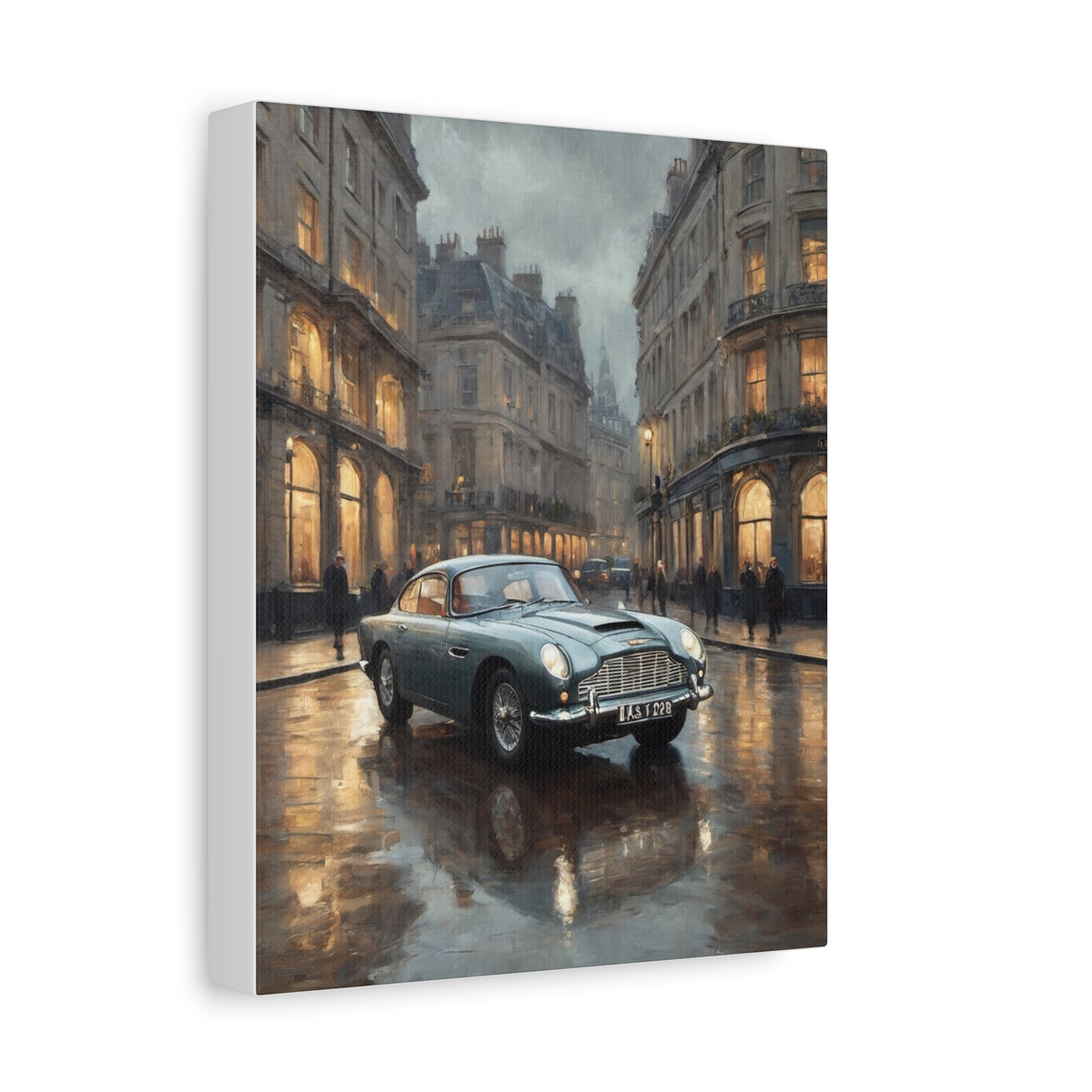1964 Aston Martin DB5 Canvas Wall Art Vintage Silver Birch British Sports Car Painting Rainy London Cityscape Twilight Stretched Canvas Print for Living Room Office Decor