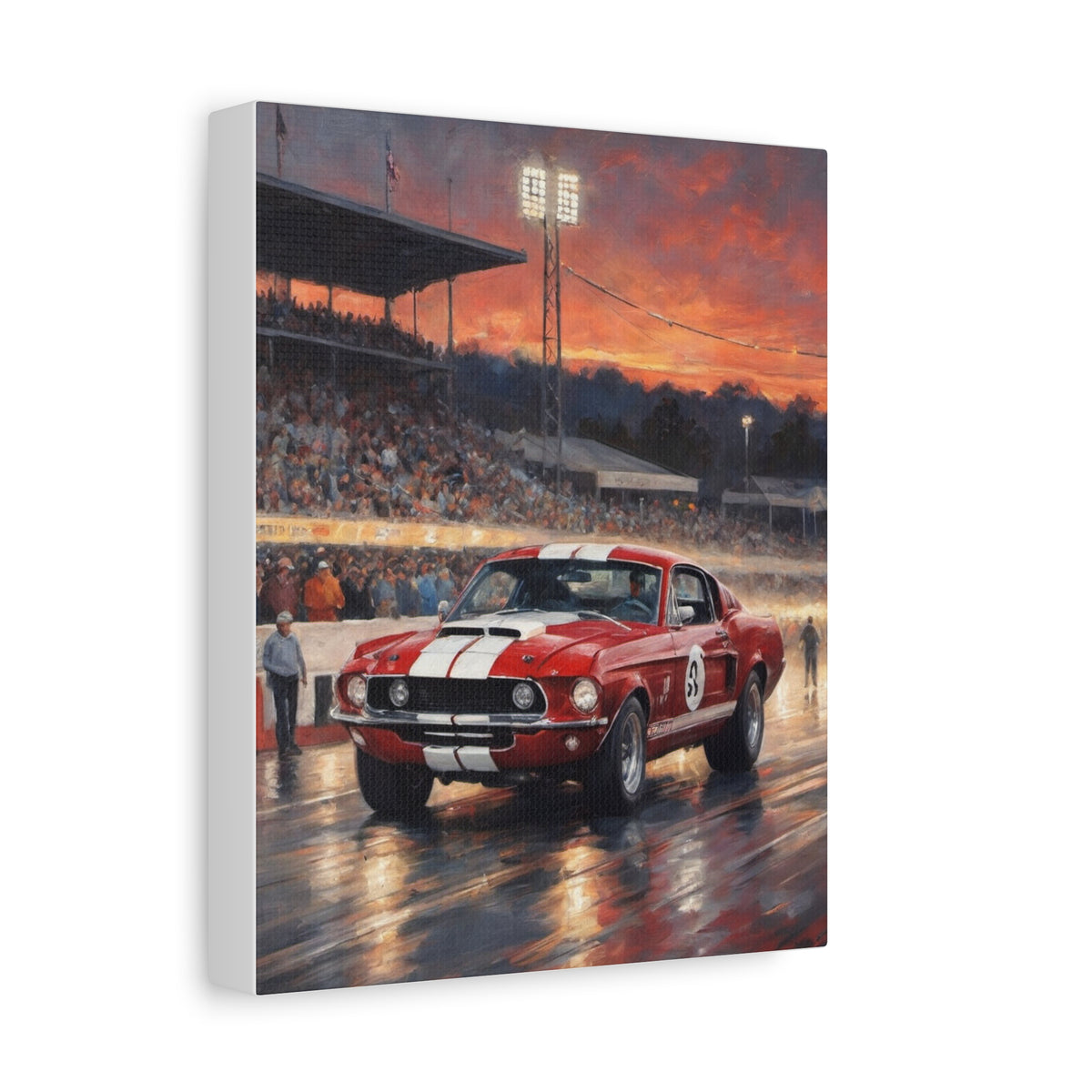 1968 Shelby GT500 Canvas Wall Art Vintage Candyapple Red White Stripes Muscle Car Painting Drag Strip Sunset Stadium Stretched Canvas Print for Living Room Office Decor