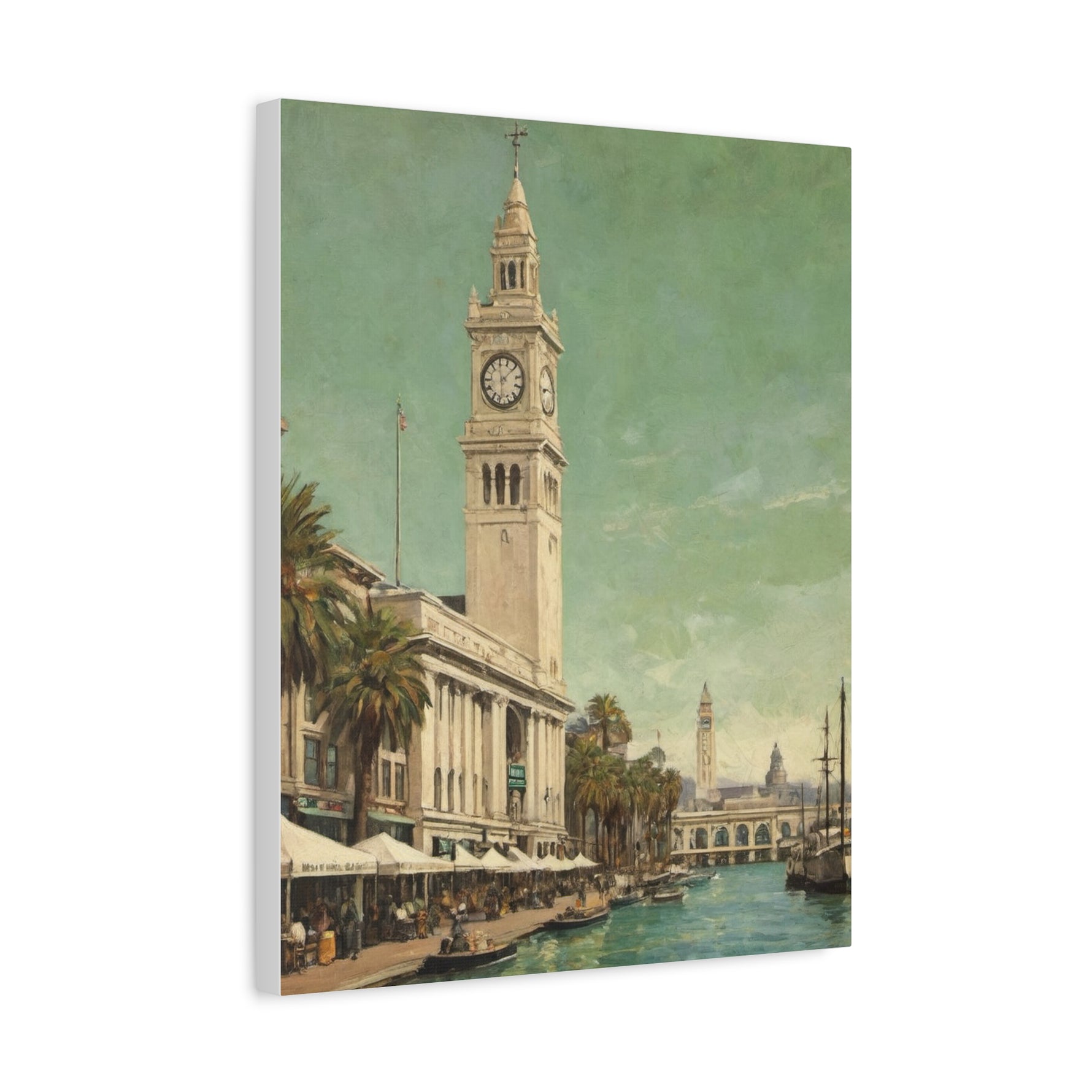 Vintage Harbor Clocktower Canvas Print — Coastal Cityscape Wall Art - AquilVision