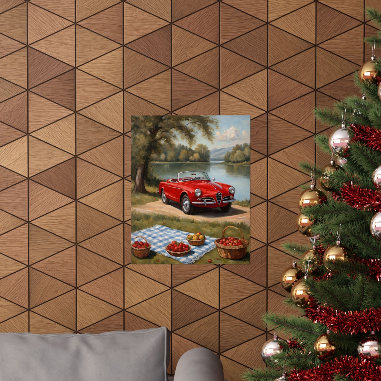 Vintage Car Art Print featuring a red classic car by a picnic scene and a decorative wall
