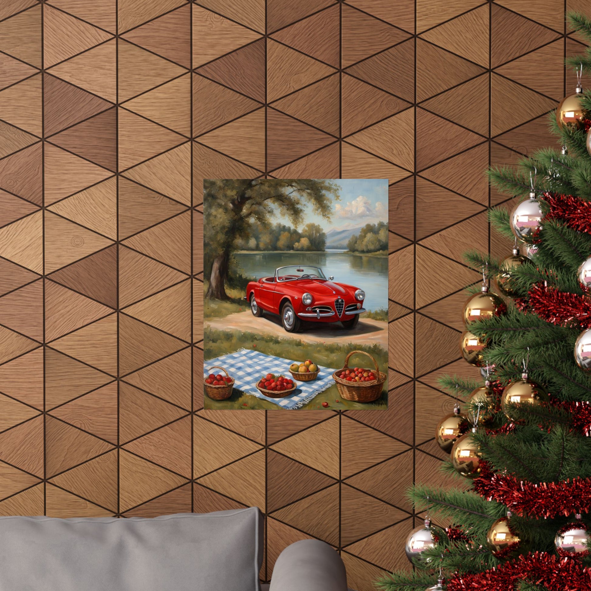 Vintage Car Art Print featuring a red classic car by a picnic scene and a decorative wall