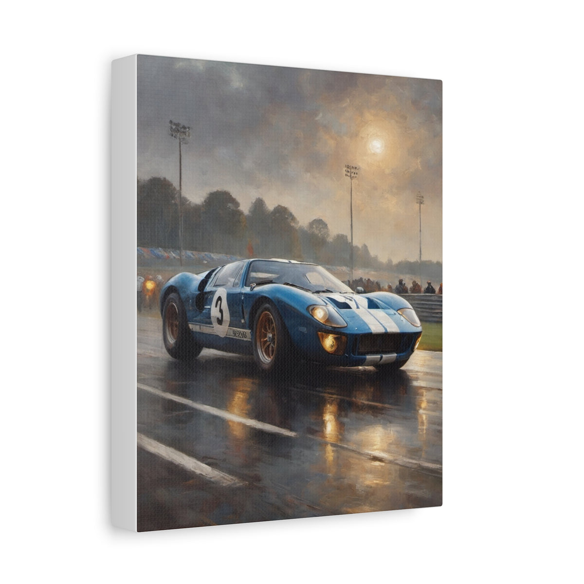 1966 Ford GT40 Canvas Wall Art Vintage Blue Race Car Painting Le Mans Circuit Wet Asphalt Sunset Stretched Canvas Print for Living Room Office Decor