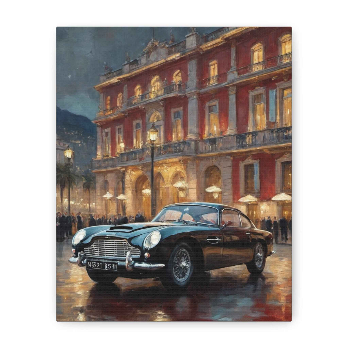 Vintage Aston Martin Classic Car Canvas Print — Evening Cityscape Matte Stretched 1.25"