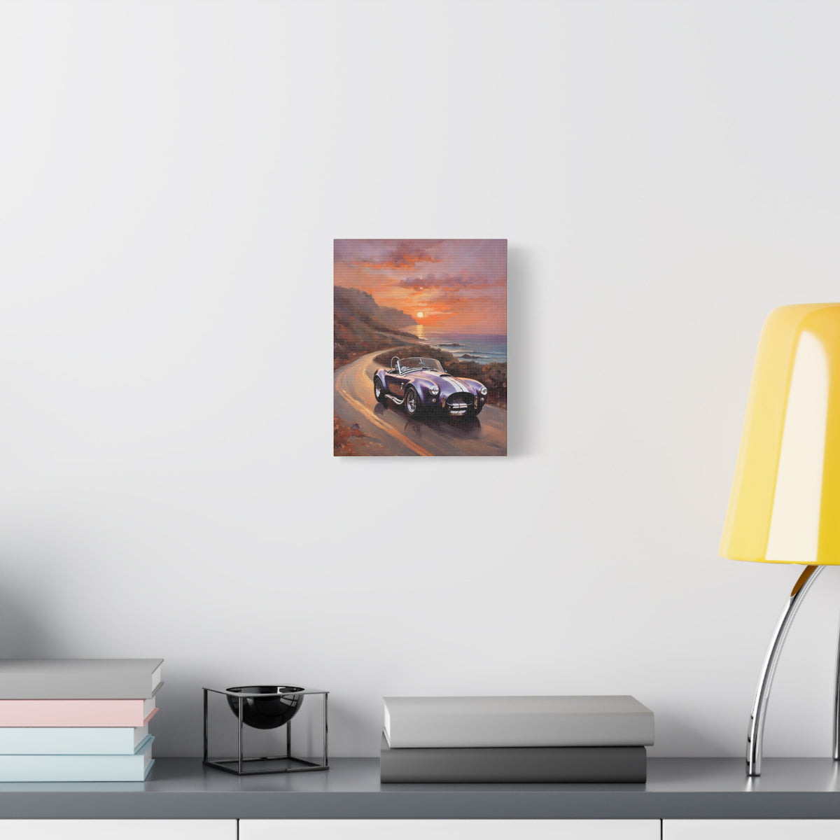 1966 Shelby Cobra 427 Canvas Wall Art Vintage Purple Sports Car Painting Coastal Highway Sunset Ocean Stretched Canvas Print for Living Room Office Decor