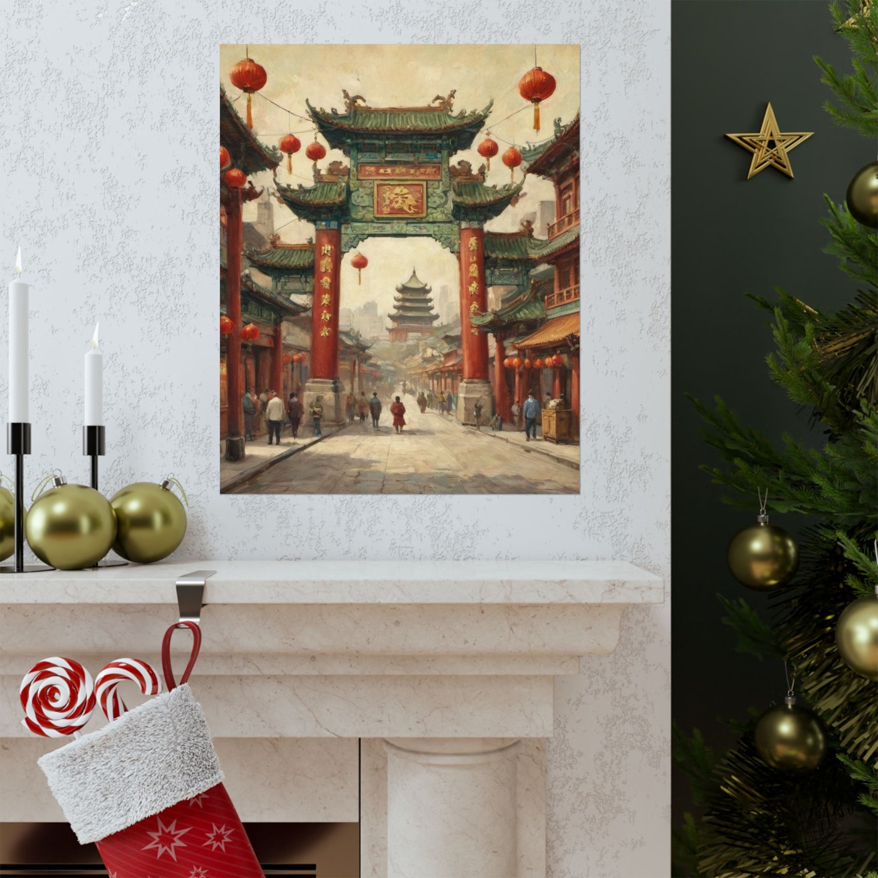 Chinese Street Archway Matte Poster — Vintage Pagoda Lantern Travel Art - AquilVision