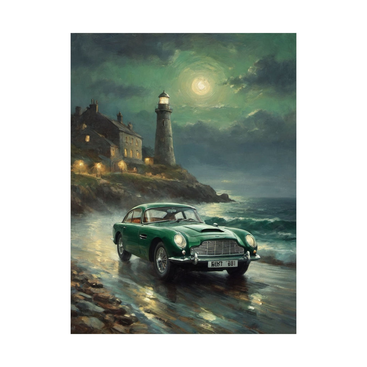 1964 Aston Martin DB5 Wall Art British Racing Green Sports Car Coastal Lighthouse Moonlit Night Poster Vintage Oil Painting Fine Art Print for Home Office Decor