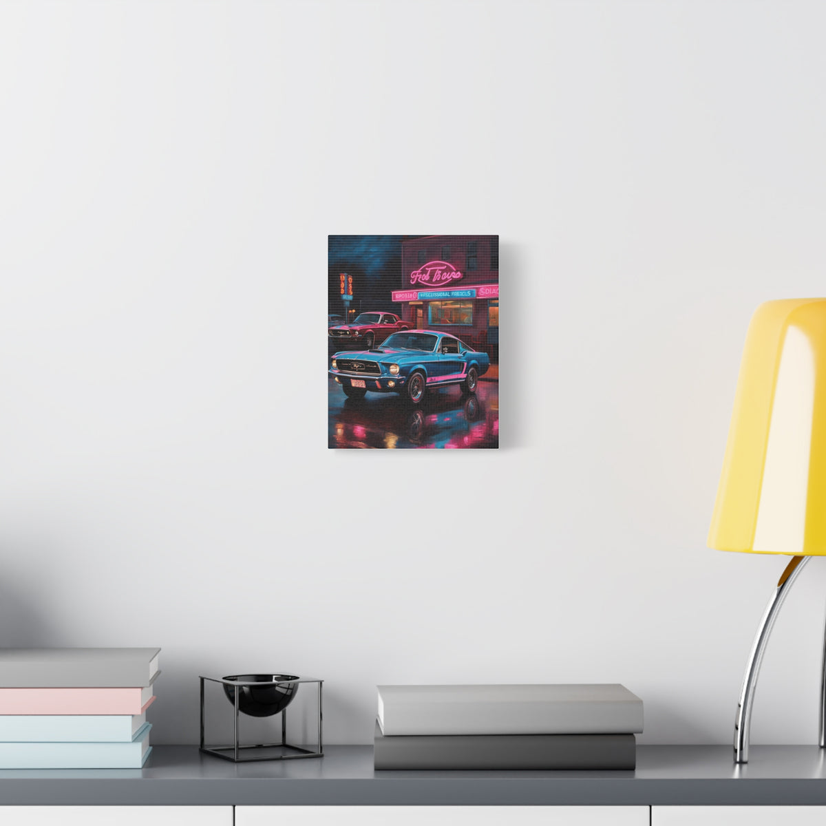1967 Ford Mustang Fastback Canvas Wall Art Vintage Blue Muscle Car Painting Retro Neon Diner Wet Street Stretched Canvas Print for Living Room Office Decor