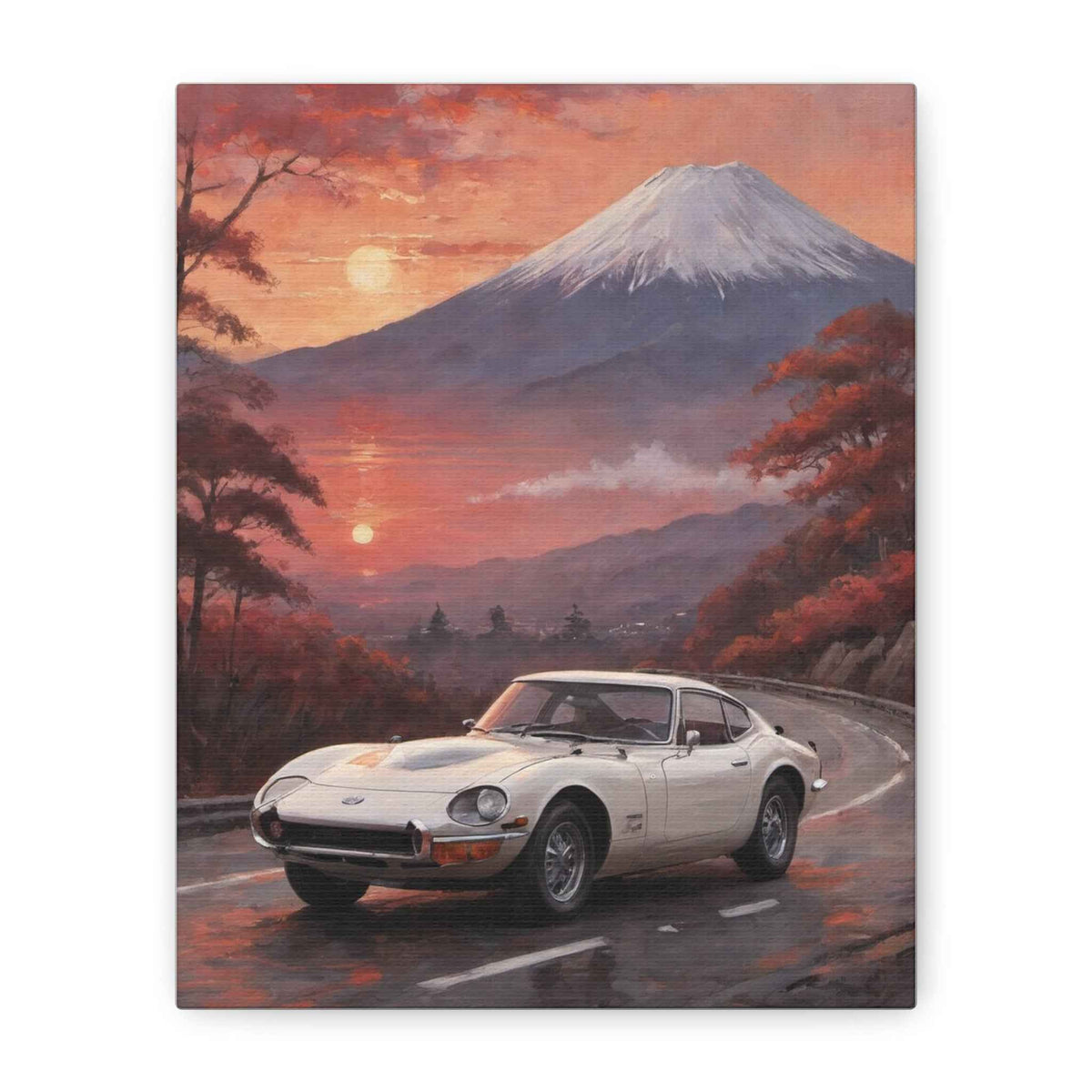 Vintage Sports Car Canvas Print — Classic Toyota 2000GT at Mount Fuji Matte Stretched Wall Art