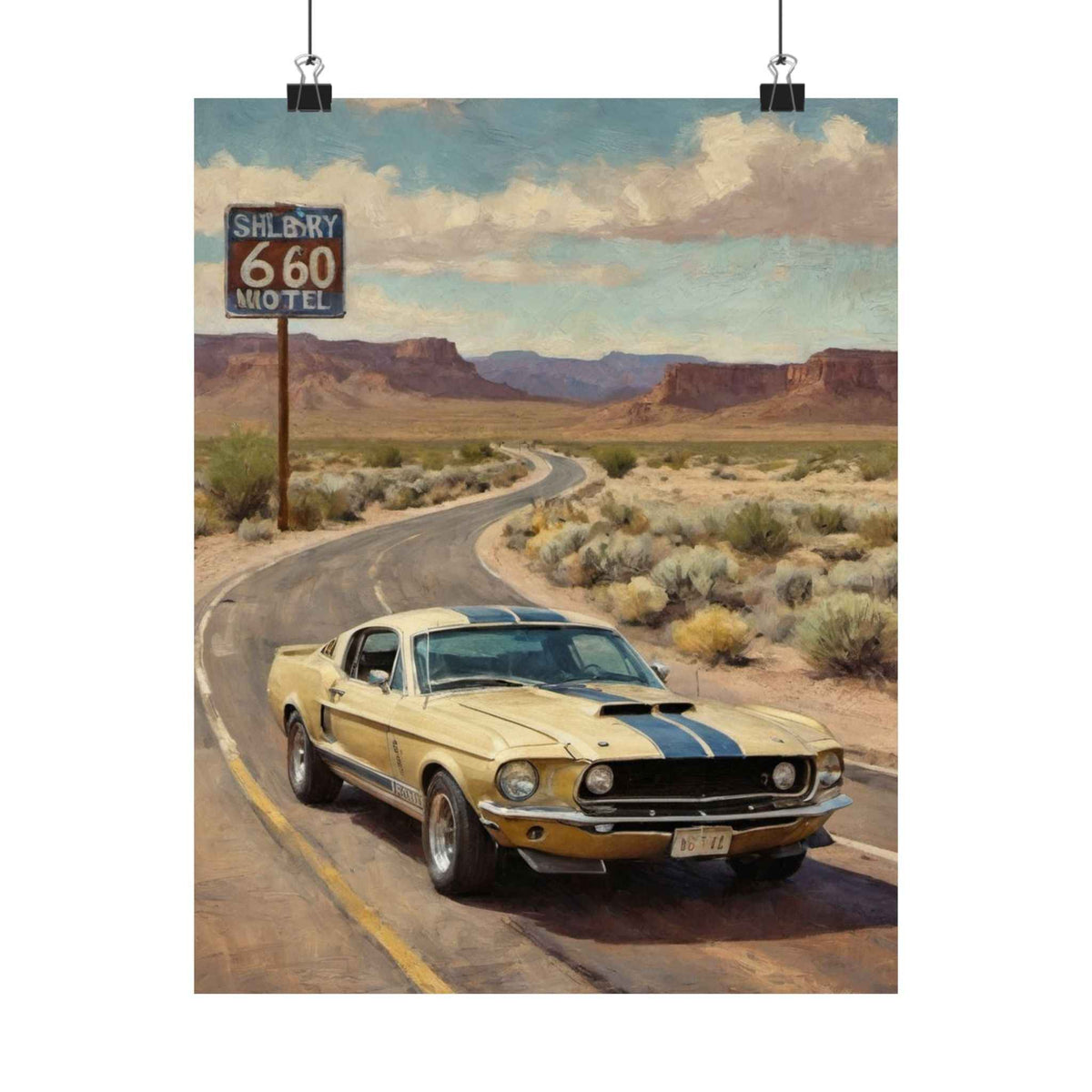 Vintage Mustang Road Trip Poster — Shelby 660 Motel Matte Vertical Art