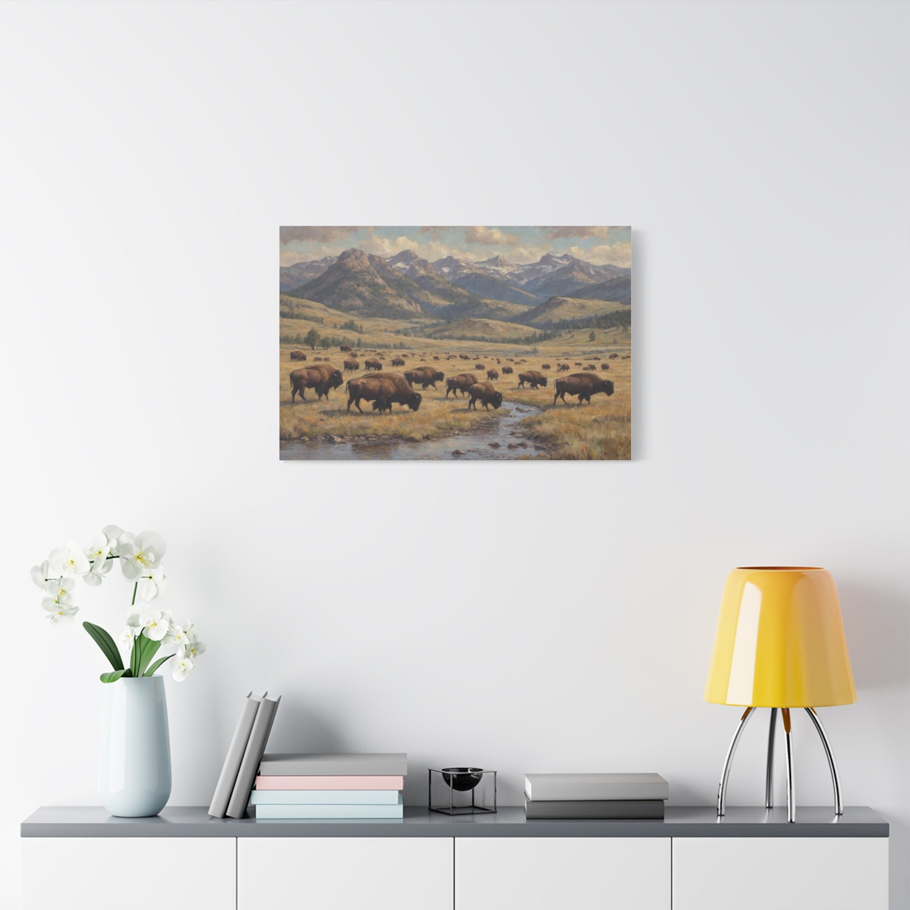 Bison Herd Yellowstone Canvas Print — Western Mountain Landscape Matte Stretched Wall Art - AquilVision