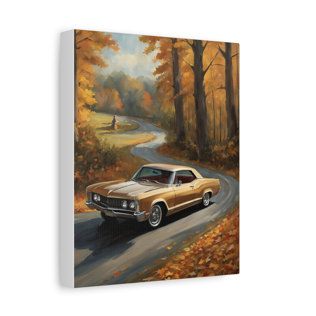 1965 Buick Riviera Canvas Wall Art Vintage Champagne Gold Classic Coupe Painting Autumn Woodland Forest Road Stretched Canvas Print for Living Room Office Decor