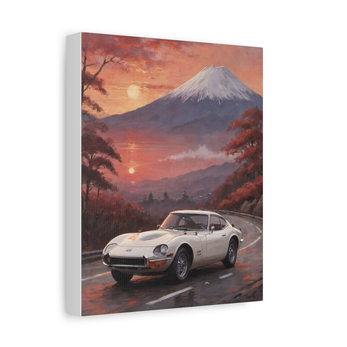 1967 Toyota 2000GT Canvas Wall Art Vintage Pegasus White JDM Painting Mount Fuji Sunset Mountain Road Stretched Canvas Print for Living Room Office Decor