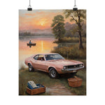 Vintage Muscle Car Poster — Sunset Lakeside Picnic Matte Vertical Print