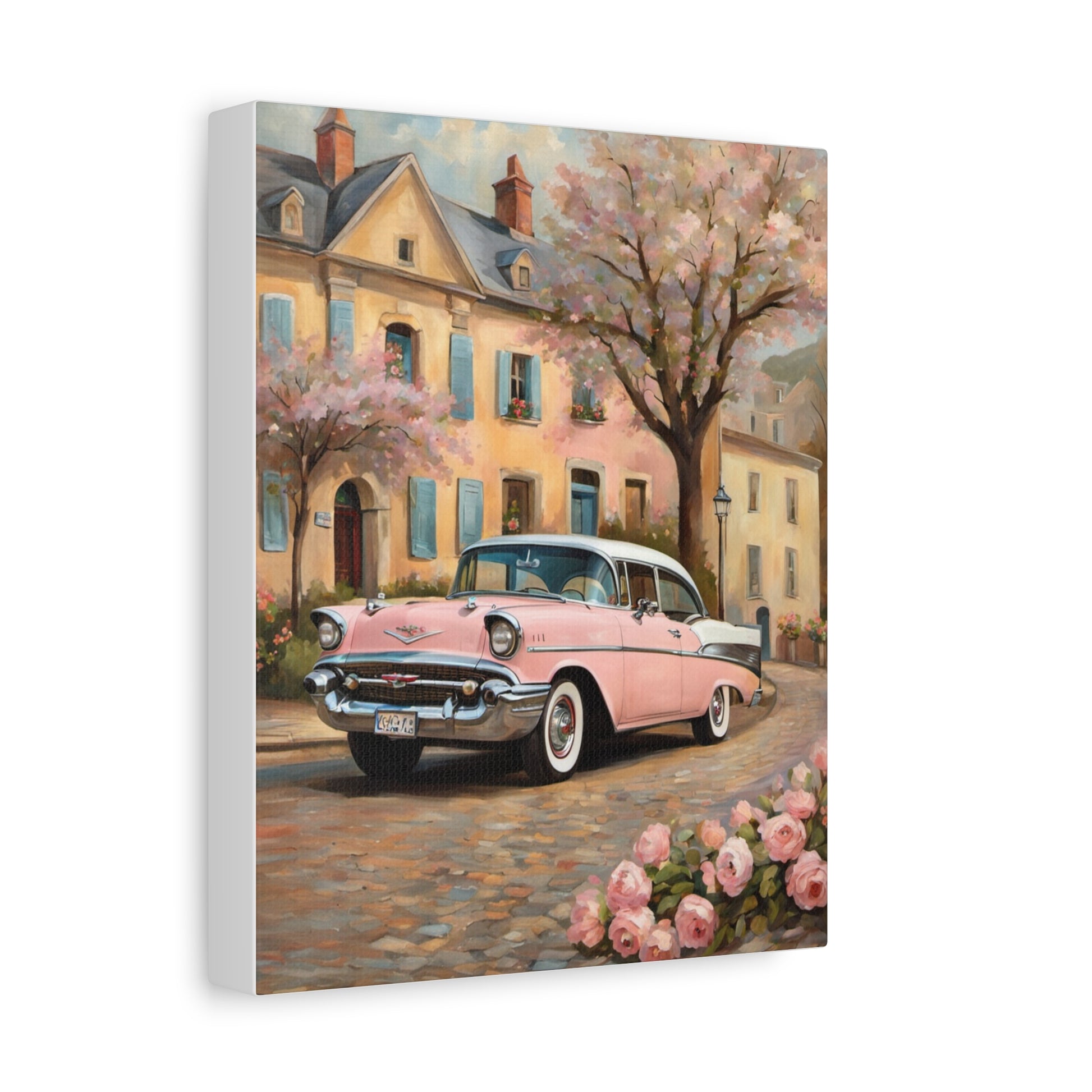 Vintage Car Canvas Print, Home Decor, Wall Art, Gift for Car Lovers, Retro Art, Floral Design, Pink Cadillac - AquilVision