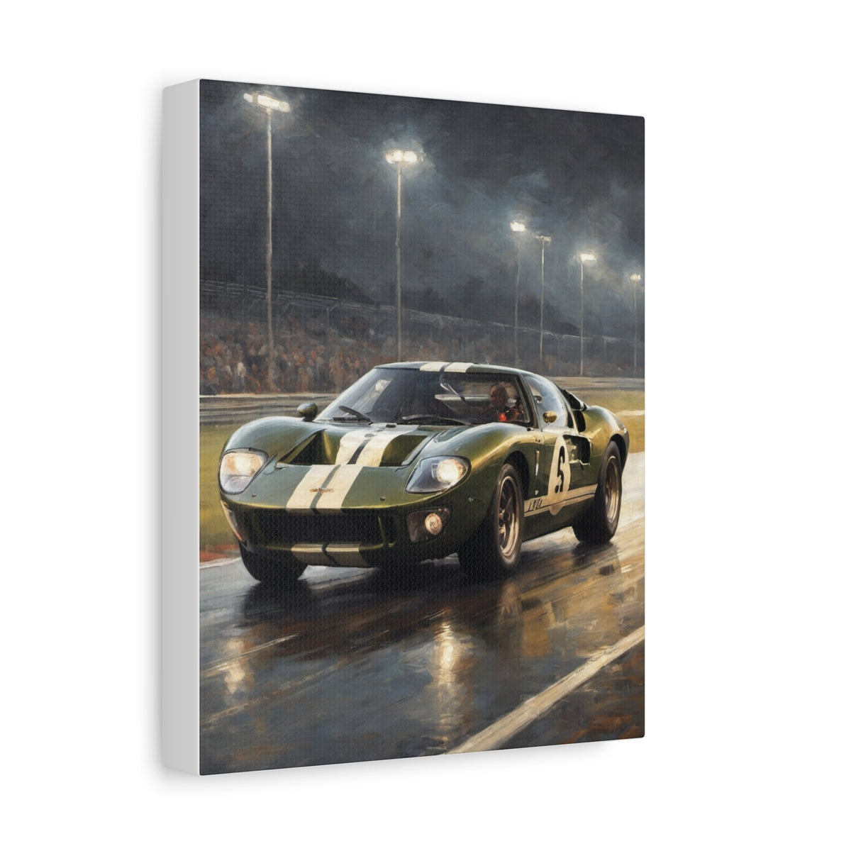 1966 Ford GT40 Canvas Wall Art Vintage British Racing Green Car Painting Le Mans Night Circuit Wet Asphalt Stretched Canvas Print for Living Room Office Decor