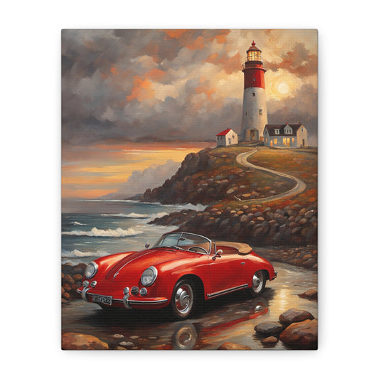 Scenic Canvas Wall Art, Vintage Car, Lighthouse Decor, Nautical Home Design, Coastal Art, Gift for Car Lovers